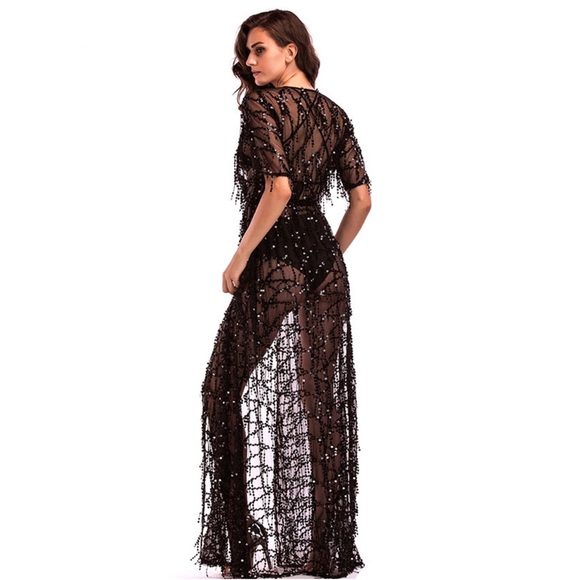 Sheer Black Lace Beach Coverup Robe with Sequins - Picture 3 of 14